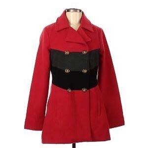 Small S JACK BB Dakota Pea Coat Red Grey Black Stripe Breast Collar Wool Winter